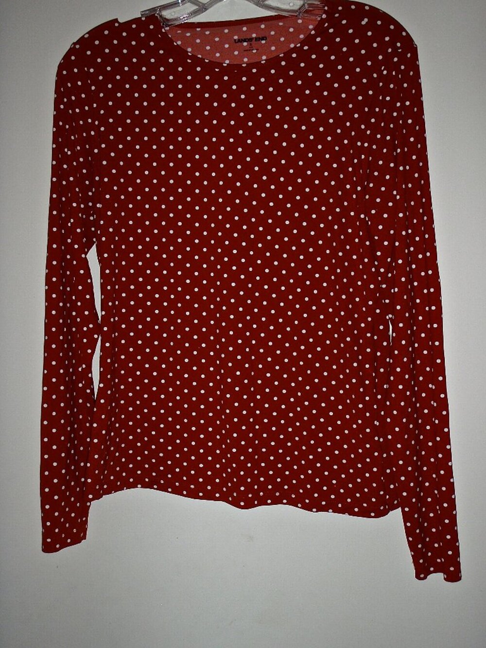 LAND'S END WOMEN'S LONG SLEEVED STRETCH TOP RUST WITH WHITE POLKA DOTS SIZE S